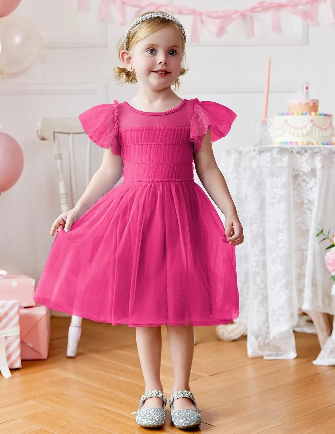 Arshiner Little Girl Dresses Contrast Mesh Ruffle Sleeve Birthday Holiday Princess Toddler Tulle Dress for 2-7 Years Old