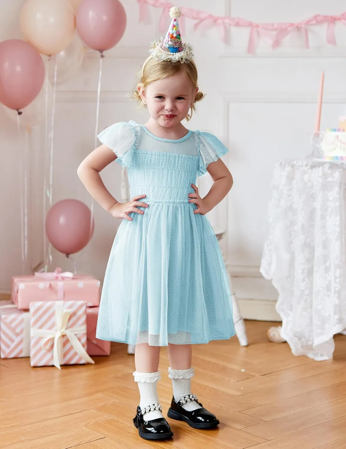 Arshiner Little Girl Dresses Contrast Mesh Ruffle Sleeve Birthday Holiday Princess Toddler Tulle Dress for 2-7 Years Old