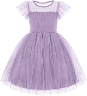 Arshiner Little Girl Dresses Contrast Mesh Ruffle Sleeve Birthday Holiday Princess Toddler Tulle Dress for 2-7 Years Old