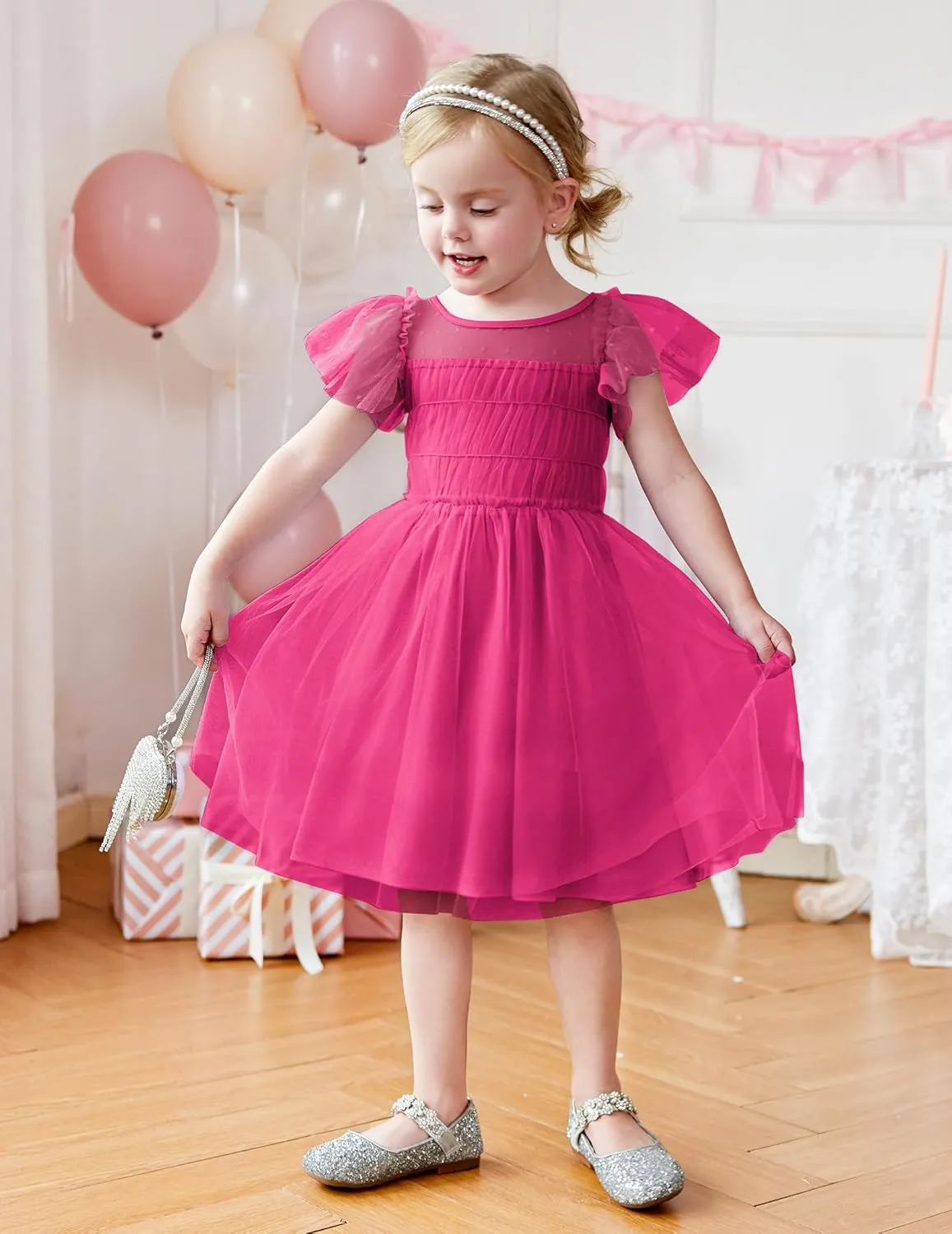 Arshiner Little Girl Dresses Contrast Mesh Ruffle Sleeve Birthday Holiday Princess Toddler Tulle Dress for 2-7 Years Old