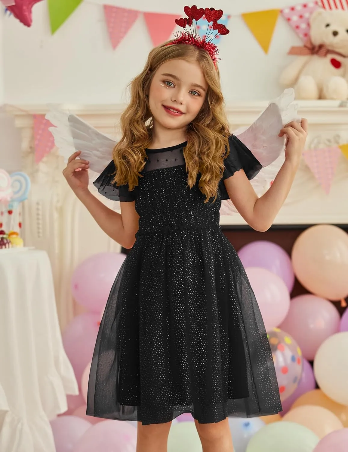 Arshiner Little Girl Dresses Contrast Mesh Ruffle Sleeve Birthday Holiday Princess Toddler Tulle Dress for 2-7 Years Old
