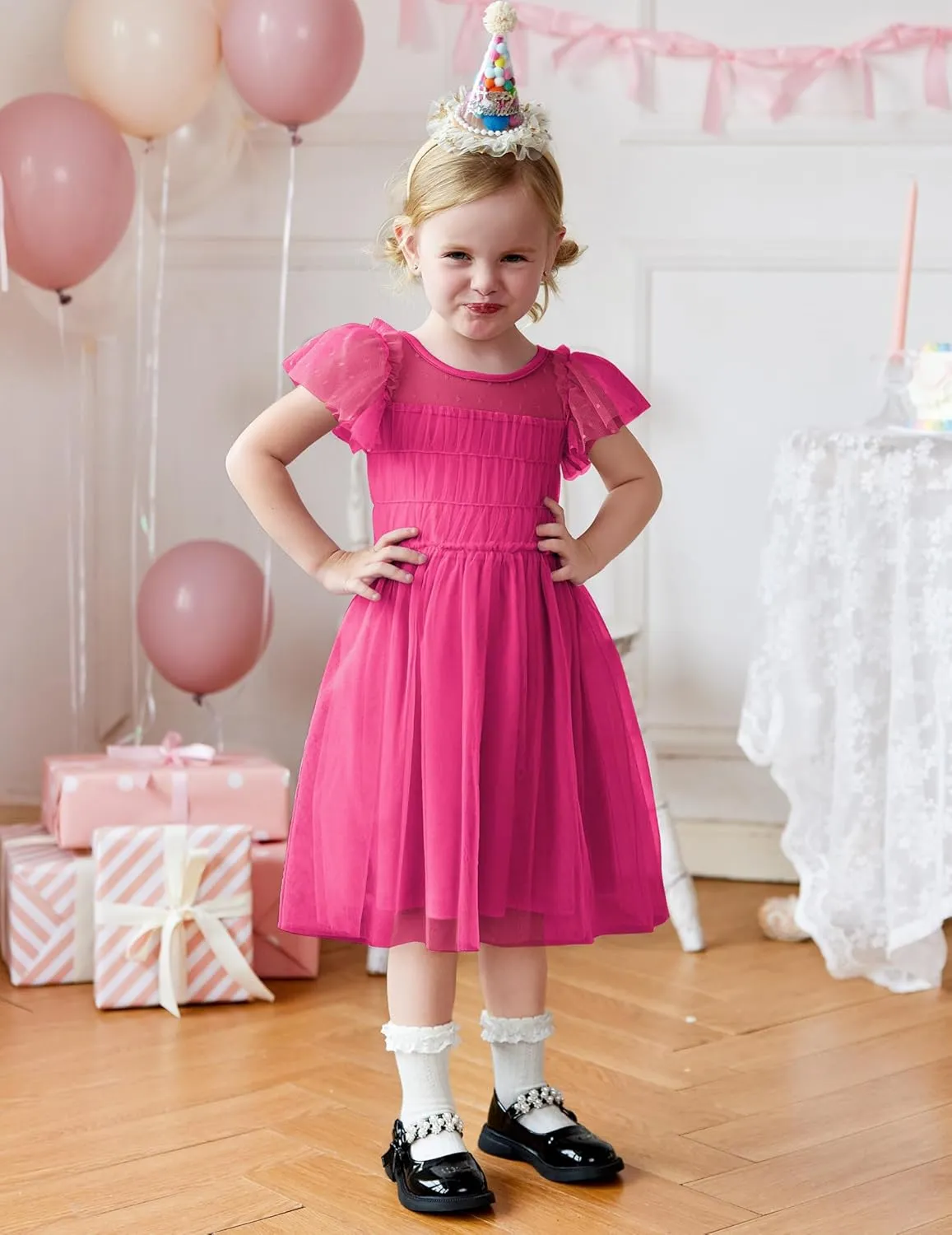 Arshiner Little Girl Dresses Contrast Mesh Ruffle Sleeve Birthday Holiday Princess Toddler Tulle Dress for 2-7 Years Old