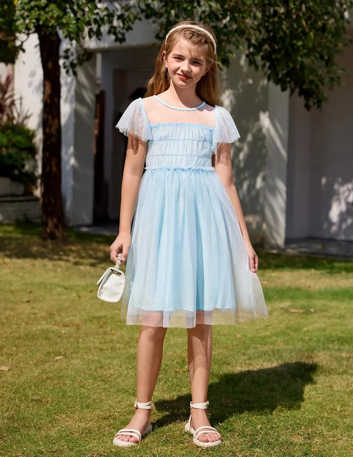 Arshiner Little Girl Dresses Contrast Mesh Ruffle Sleeve Birthday Holiday Princess Toddler Tulle Dress for 2-7 Years Old