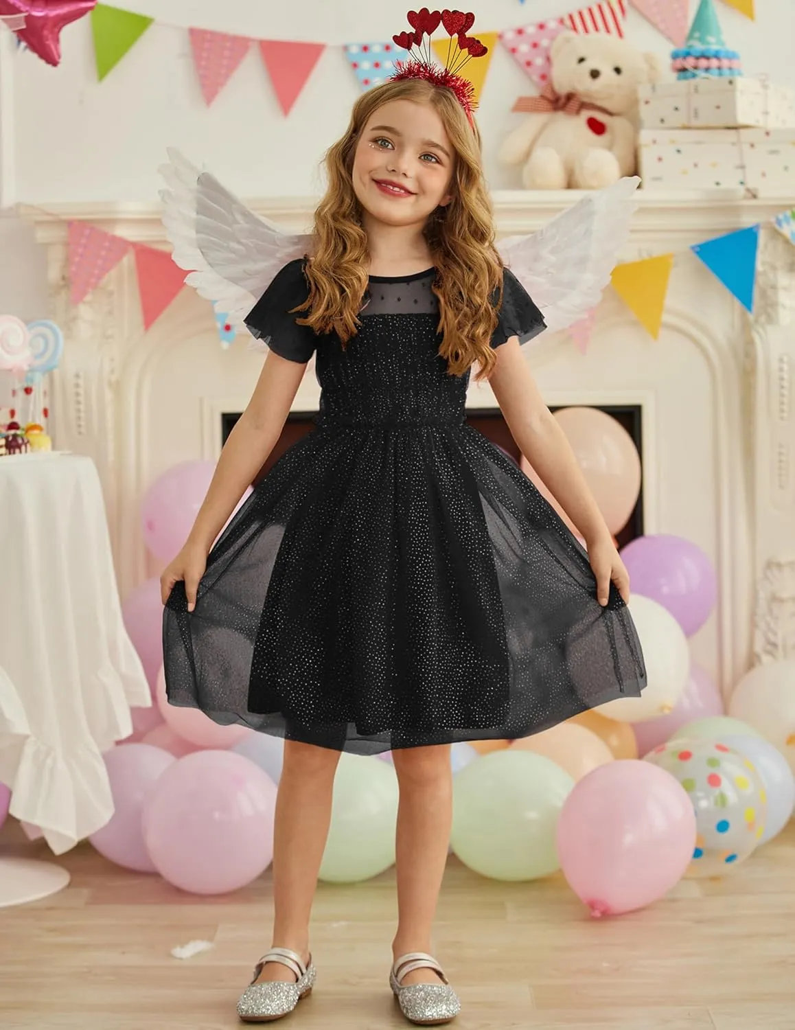 Arshiner Little Girl Dresses Contrast Mesh Ruffle Sleeve Birthday Holiday Princess Toddler Tulle Dress for 2-7 Years Old