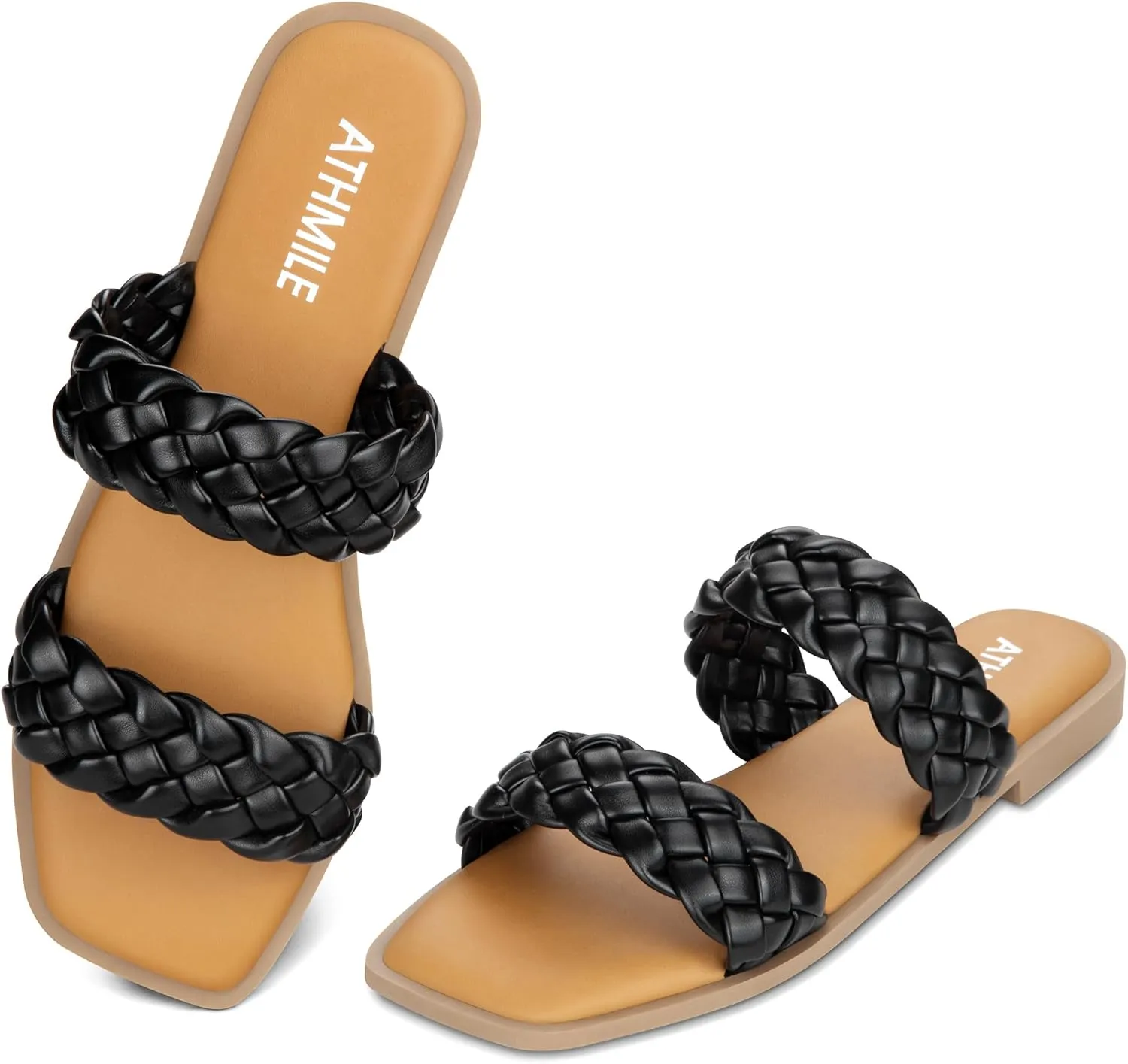 ATHMILE Women's Flat Sandals Crossover Braided Sandals for Women Fashion Round Open Toe Slip On Slide for Dressy Summer