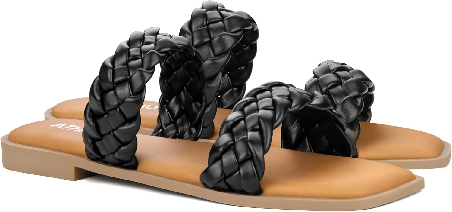 ATHMILE Women's Flat Sandals Crossover Braided Sandals for Women Fashion Round Open Toe Slip On Slide for Dressy Summer