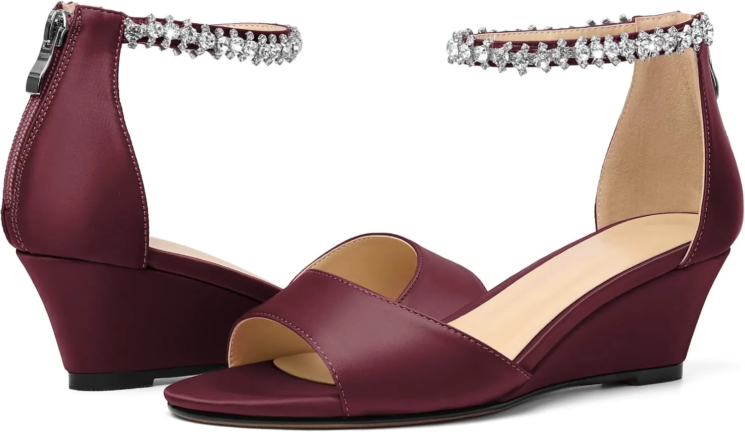 AUMOTED Women Wedge Sandals Peep Open Toe Mid Low Heel Slip-on Slingback Double Elastic Band Heeled Dress Summer Shoes 2 Inch