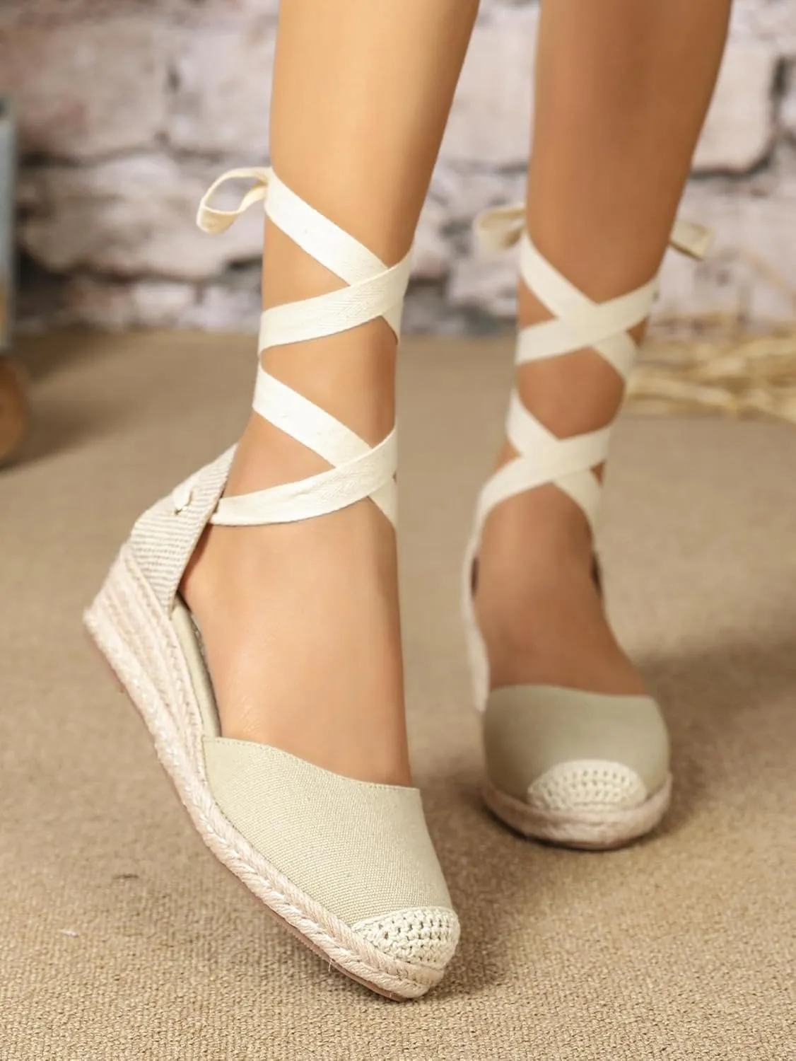 Ballet Lace-up Shoes Rattan Sandals Raffia Espadrilles Wedge Shoes for Women Comfortable Walking - Boho Dressy Retro Trendy Cute Causal Lightweight Running Business Office Standing All Day Beach