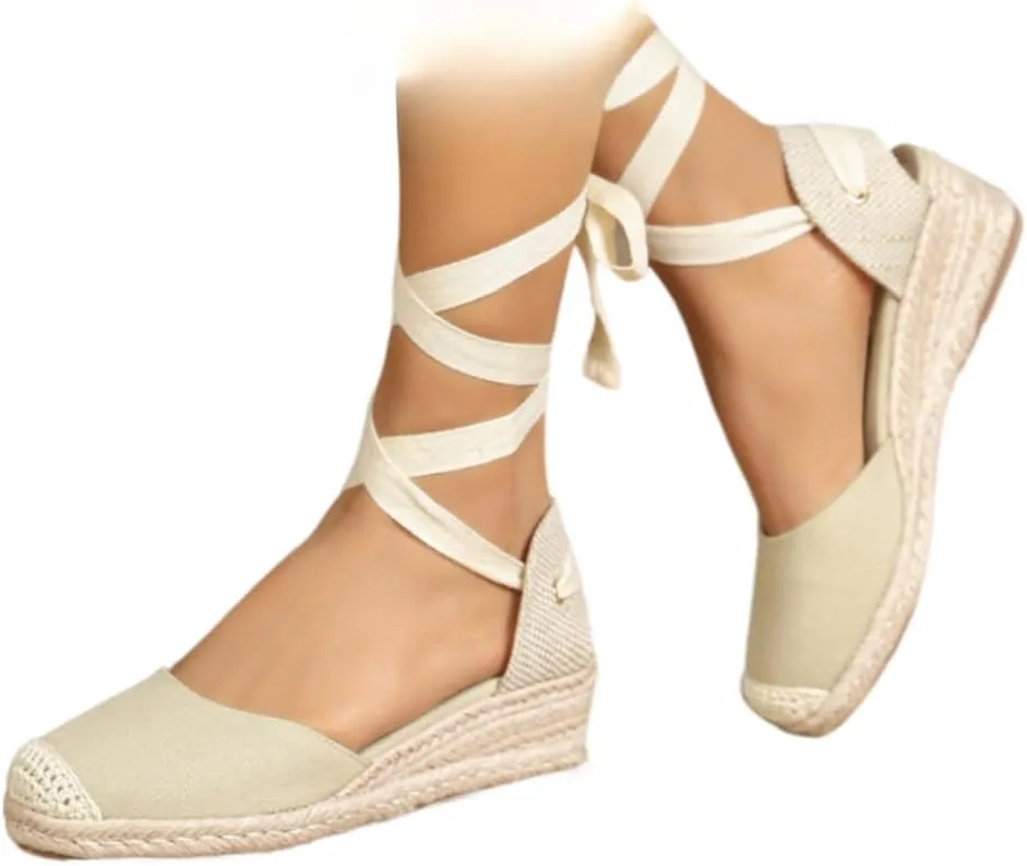Ballet Lace-up Shoes Rattan Sandals Raffia Espadrilles Wedge Shoes for Women Comfortable Walking - Boho Dressy Retro Trendy Cute Causal Lightweight Running Business Office Standing All Day Beach