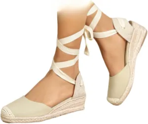 Ballet Lace-up Shoes Rattan Sandals Raffia Espadrilles Wedge Shoes for Women Comfortable Walking - Boho Dressy Retro Trendy Cute Causal Lightweight Running Business Office Standing All Day Beach