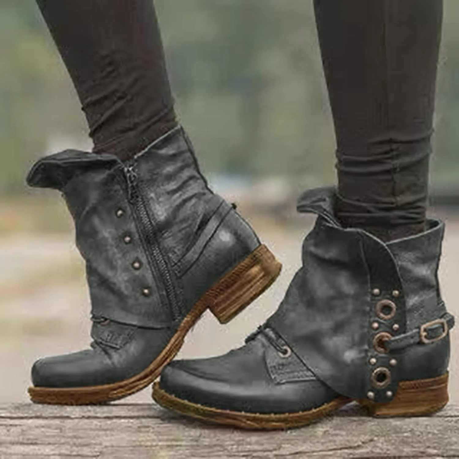 Bcshiye Ankle Boots for Women Low Heel,Fashion Slip-on Dressy Round Toe Combat Boots Comfort Western Chelsea Booties