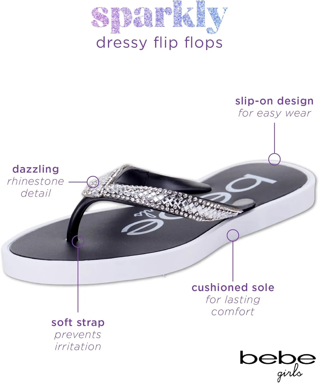 bebe Girls' Sandals - Open Toe Slip On Summer Holiday Rhinestone Thong Flip Flops with Soft Strap and Cushioned Sole