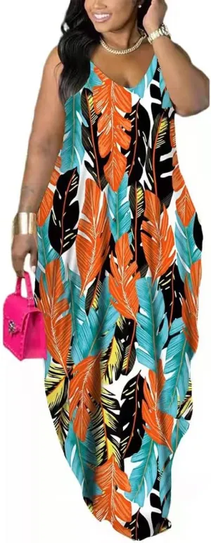 BFFBABY Women's Casual Maxi Dress Sleeveless Tie Dye Spaghetti Strap Summer Plus Size Swing Sundress with Pockets