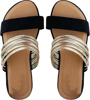 Black Dressy Sandals for Women Strappy Sandals for Women Women's Faux Suede Flat Sandals for Women Dressy Chain Strap Slide Sandal Summer Sandals for Women 2025,Black,US10/EU42
