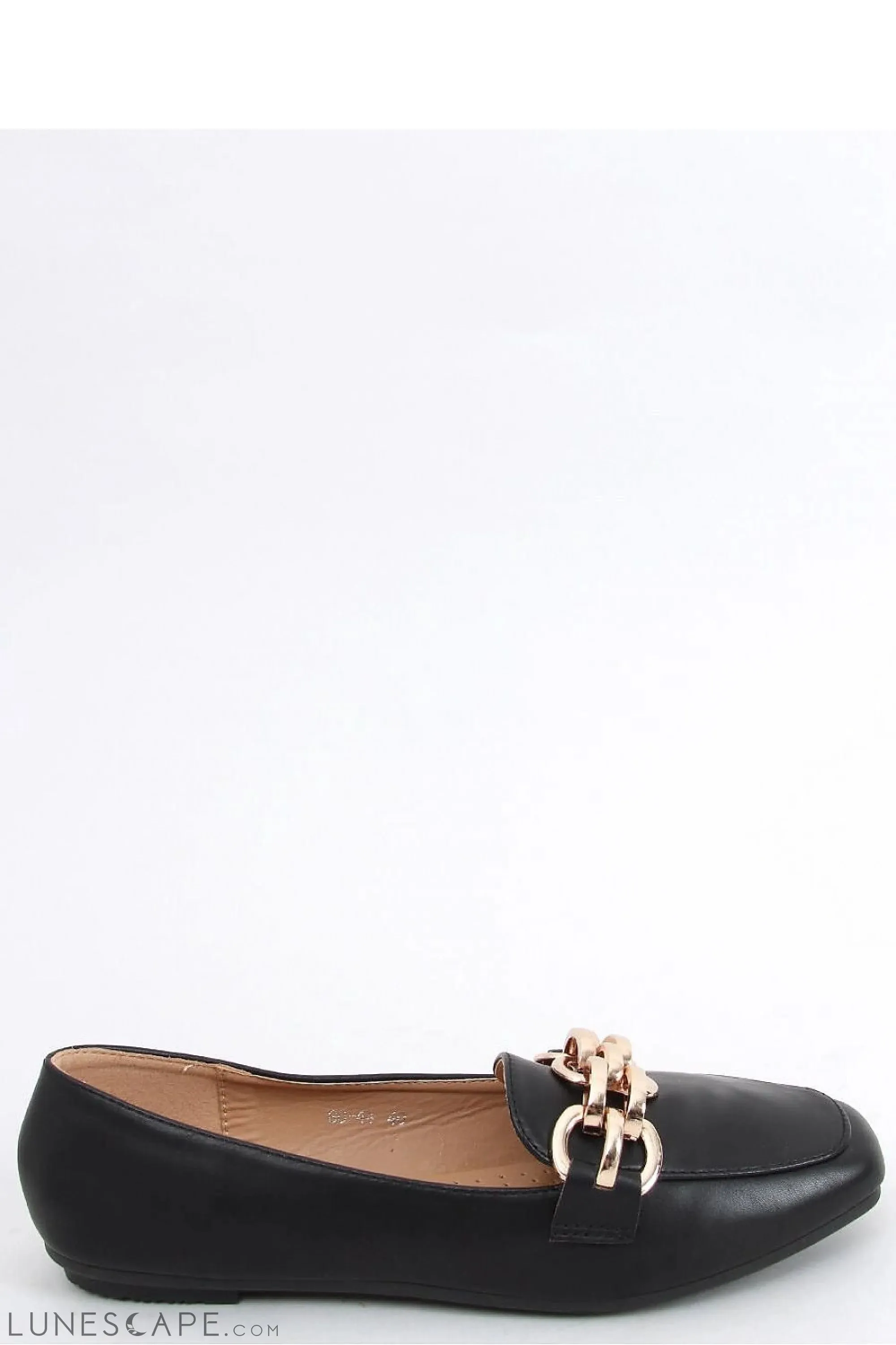 Black Eco-Leather Loafers for Women – Square-Toe Slip-Ons with Gold Chain Accent