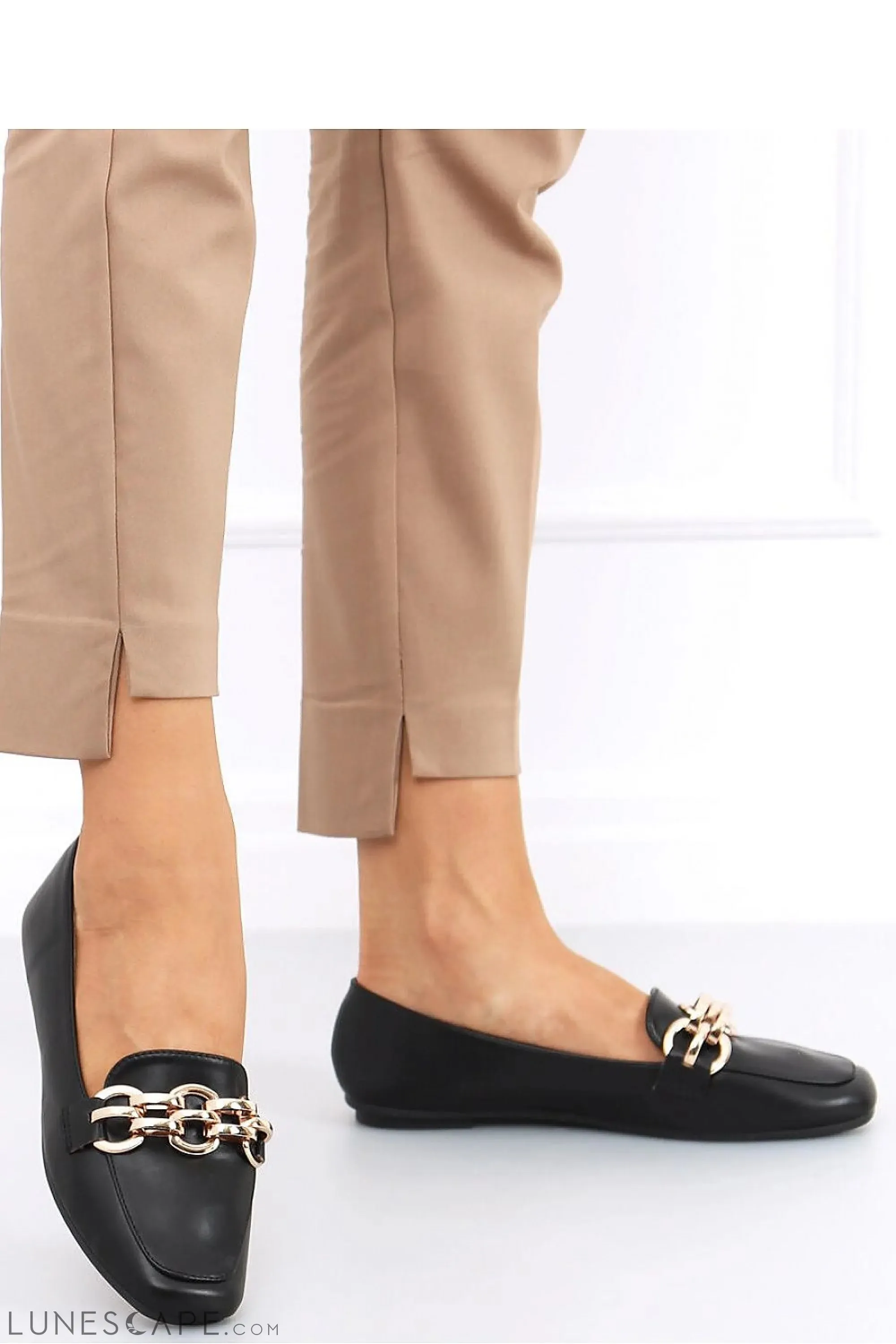 Black Eco-Leather Loafers for Women – Square-Toe Slip-Ons with Gold Chain Accent