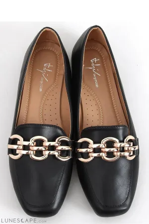 Black Eco-Leather Loafers for Women – Square-Toe Slip-Ons with Gold Chain Accent