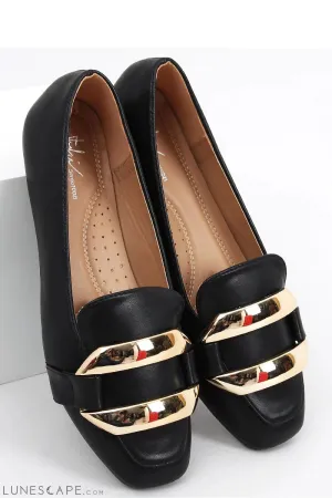 Black Eco-Leather Square Toe Women’s Loafers with Sculpted Gold Trim