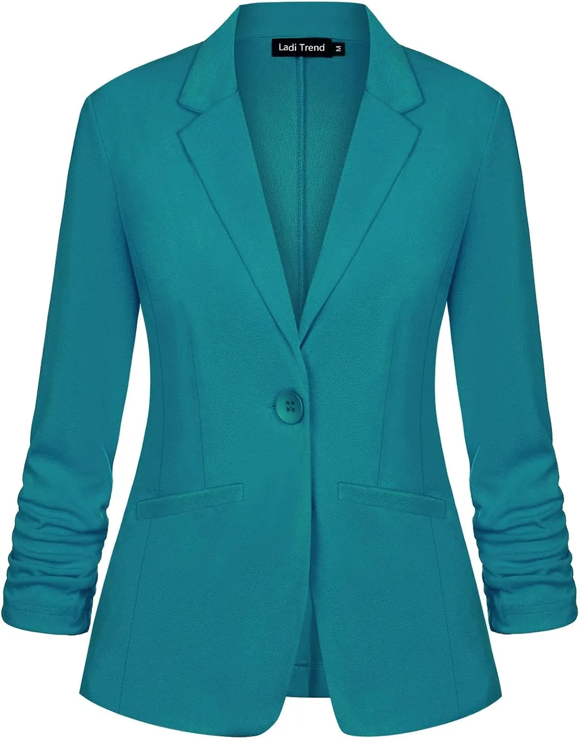 Blazers for Women Dressy Casual Ruched 3/4 Sleeve Lapel Button Work Office Cardigan Suit Jacket with Pockets