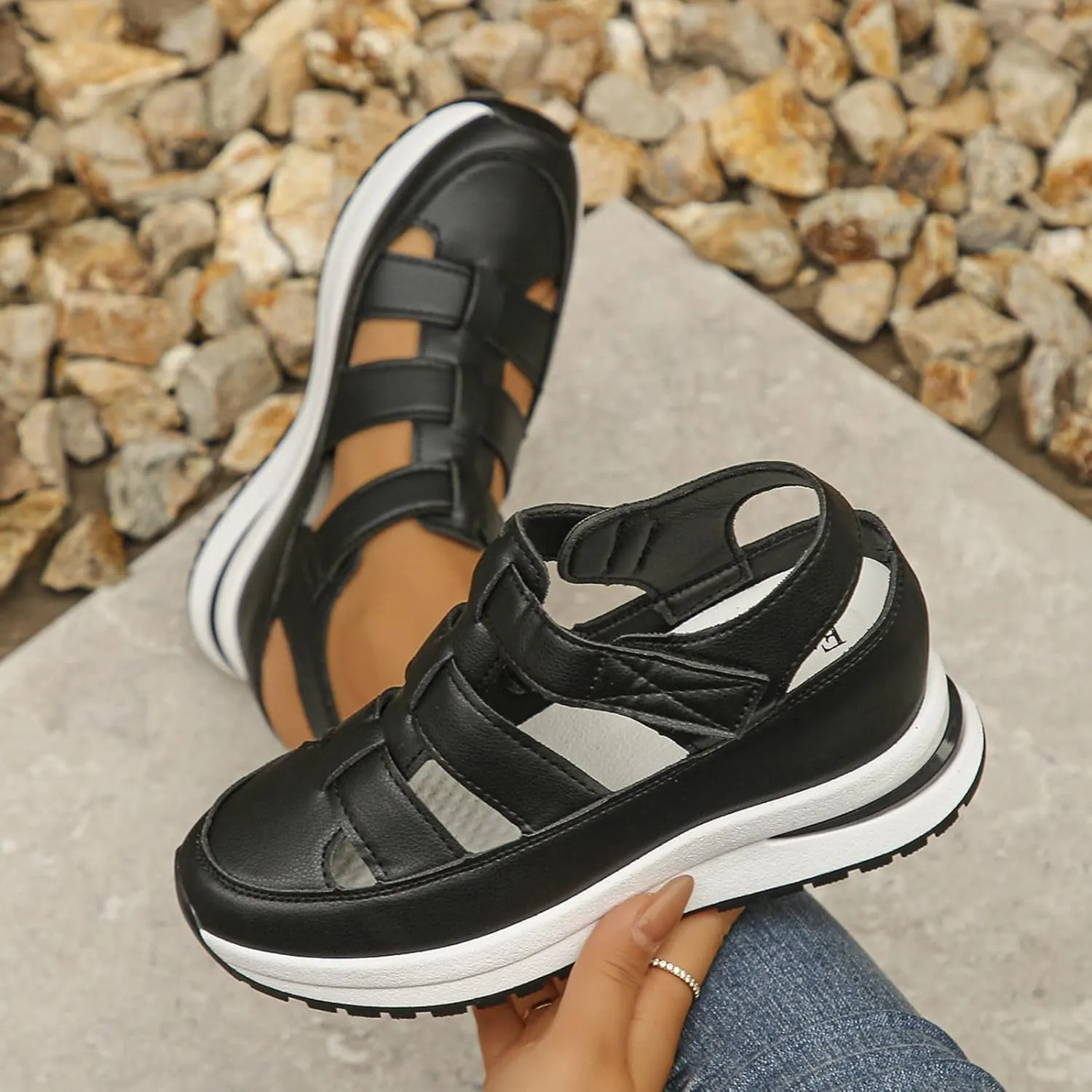 Bootara Women'S Plus Size Hollow-Out Casual Sandals, Closed Toe Platform Sandals Height-Boosting Thick Sole Dressy Summer Comfortable Wedges Dress Sandal Best Walking Shoes