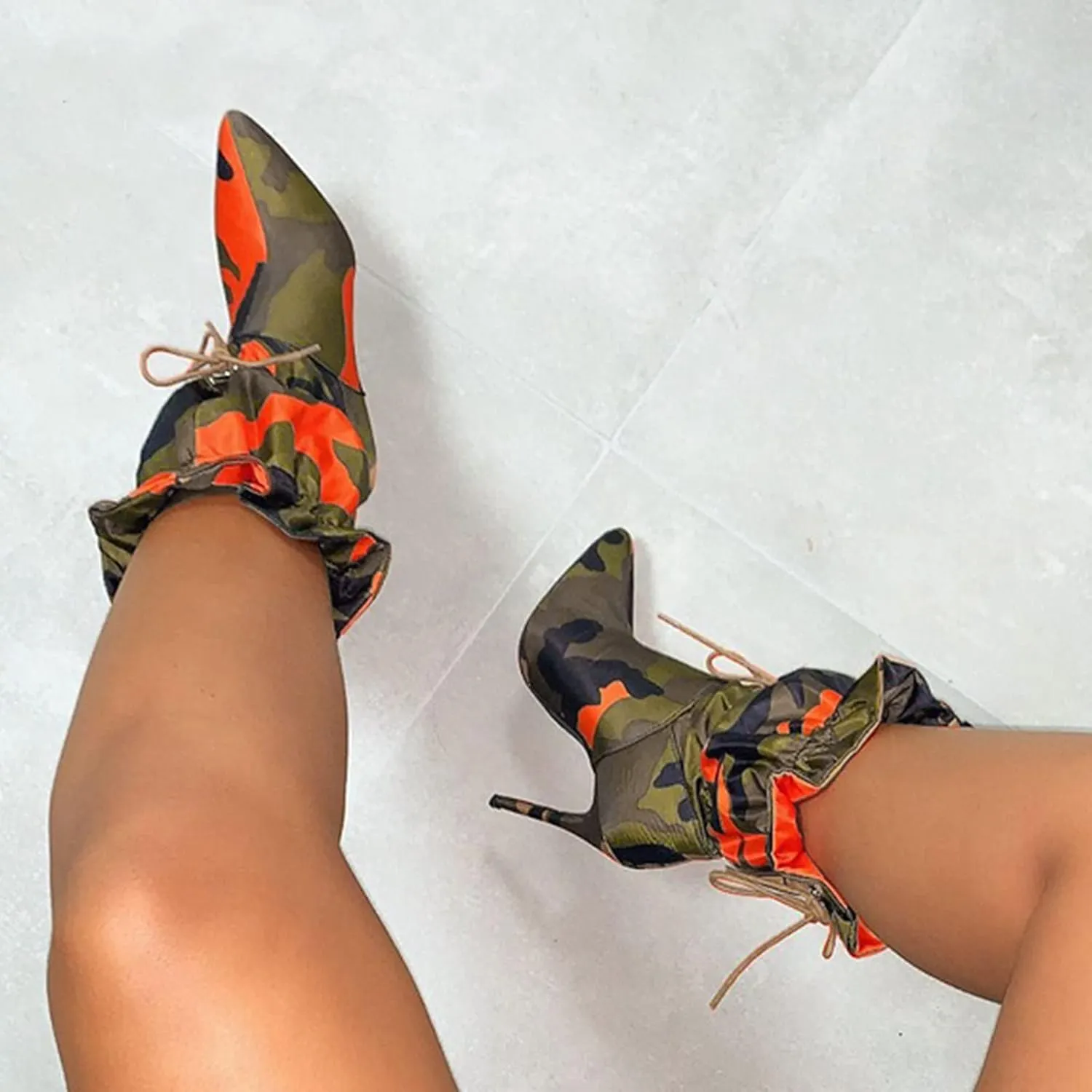 Boots Pointed Camouflage Pattern Mid- Women's High-Heel Thin Fashion Women's Boots Size 5 Womens Boots