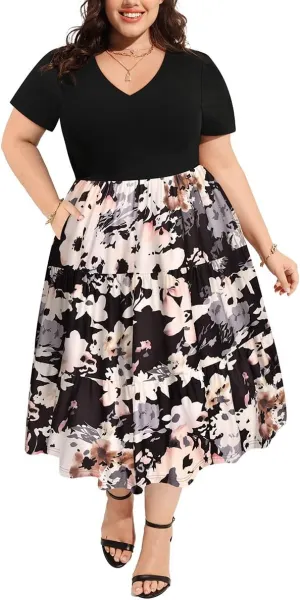 CARCOS Plus Size Dresses for Women Summer Short Sleeve V Neck Patchwork Dresseses XL-5XL