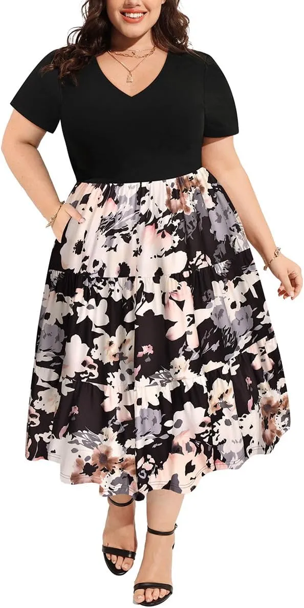 CARCOS Plus Size Dresses for Women Summer Short Sleeve V Neck Patchwork Dresseses XL-5XL