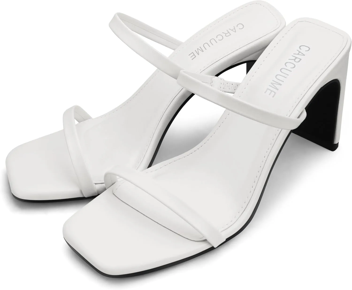 Carcuume Women's Square Toe Two Strap Open Toe Block Heels Sandals Slip On Shoes