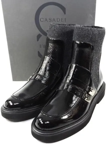 Casadei Italian Women's Black Soft Patent Leather Winter Ankle Booties