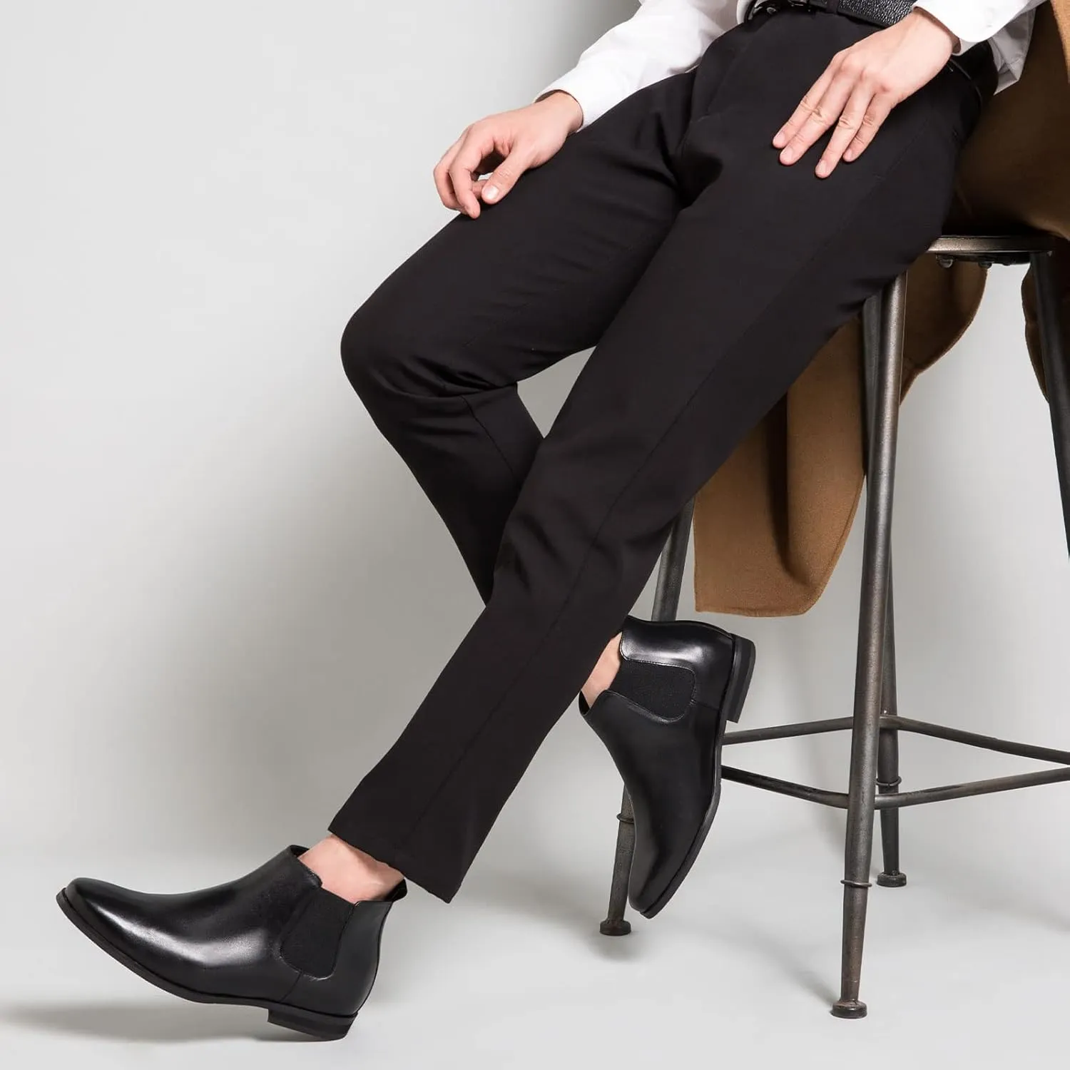 CHAMARIPA Men's Invisible Height Increasing Shoes - Leather Elevator Chelsea Shoes for Man,2-3 inches Taller.