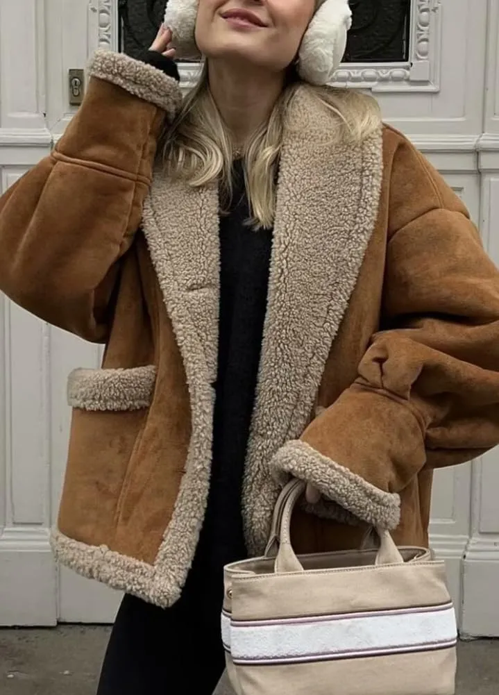 chouyatou Women's Winter Casual Faux Suede Leather Jacket Button Down Fuzzy Sherpa Lined Jacket Coat