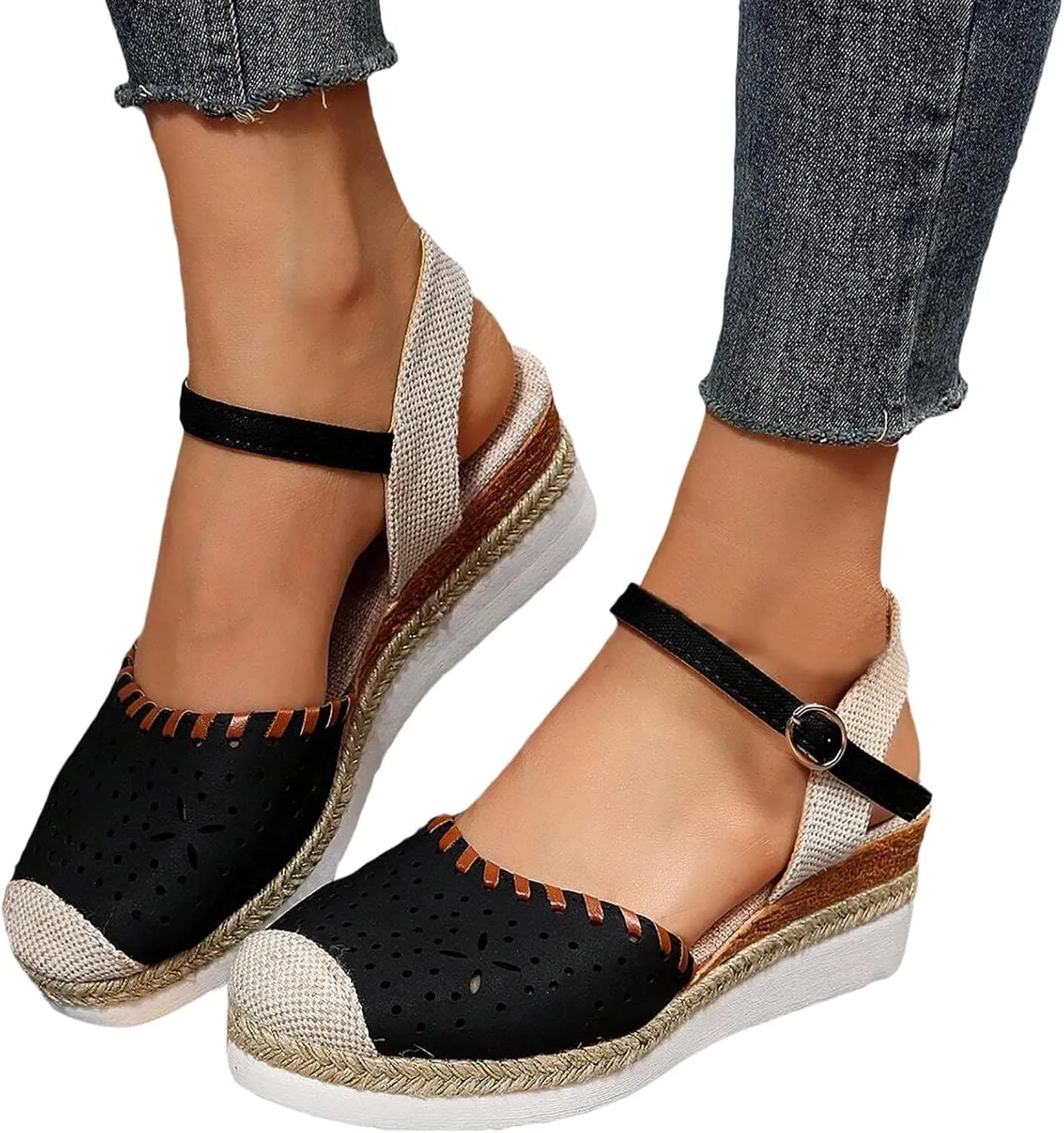 Closed Toe Sandals for Women 2025 Comfortable Orthopedic Wedge Sandals for Women Dressy Summer Espadrilles Platform Anti Slip Casual Boho Buckle Ankle Strap Walking Beach Shoes