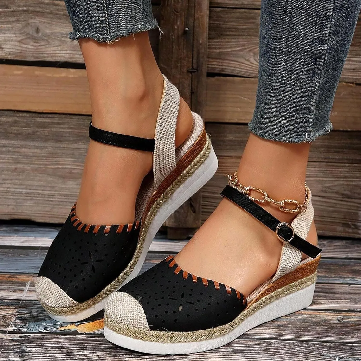 Closed Toe Sandals for Women 2025 Comfortable Orthopedic Wedge Sandals for Women Dressy Summer Espadrilles Platform Anti Slip Casual Boho Buckle Ankle Strap Walking Beach Shoes
