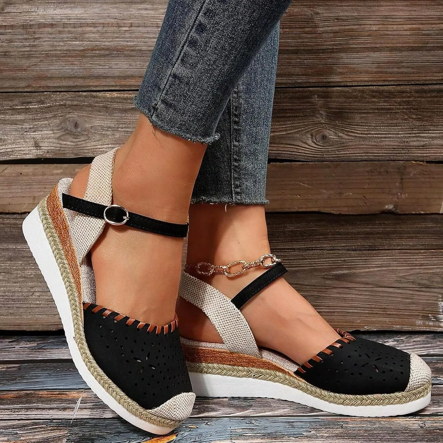 Closed Toe Sandals for Women 2025 Comfortable Orthopedic Wedge Sandals for Women Dressy Summer Espadrilles Platform Anti Slip Casual Boho Buckle Ankle Strap Walking Beach Shoes