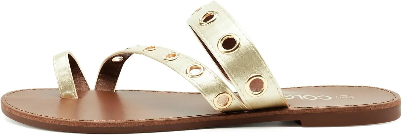 Colgo Women's Slide Sandals, Hollow Buckle Slip-On Flats, Casual Summer Dressy Sandals