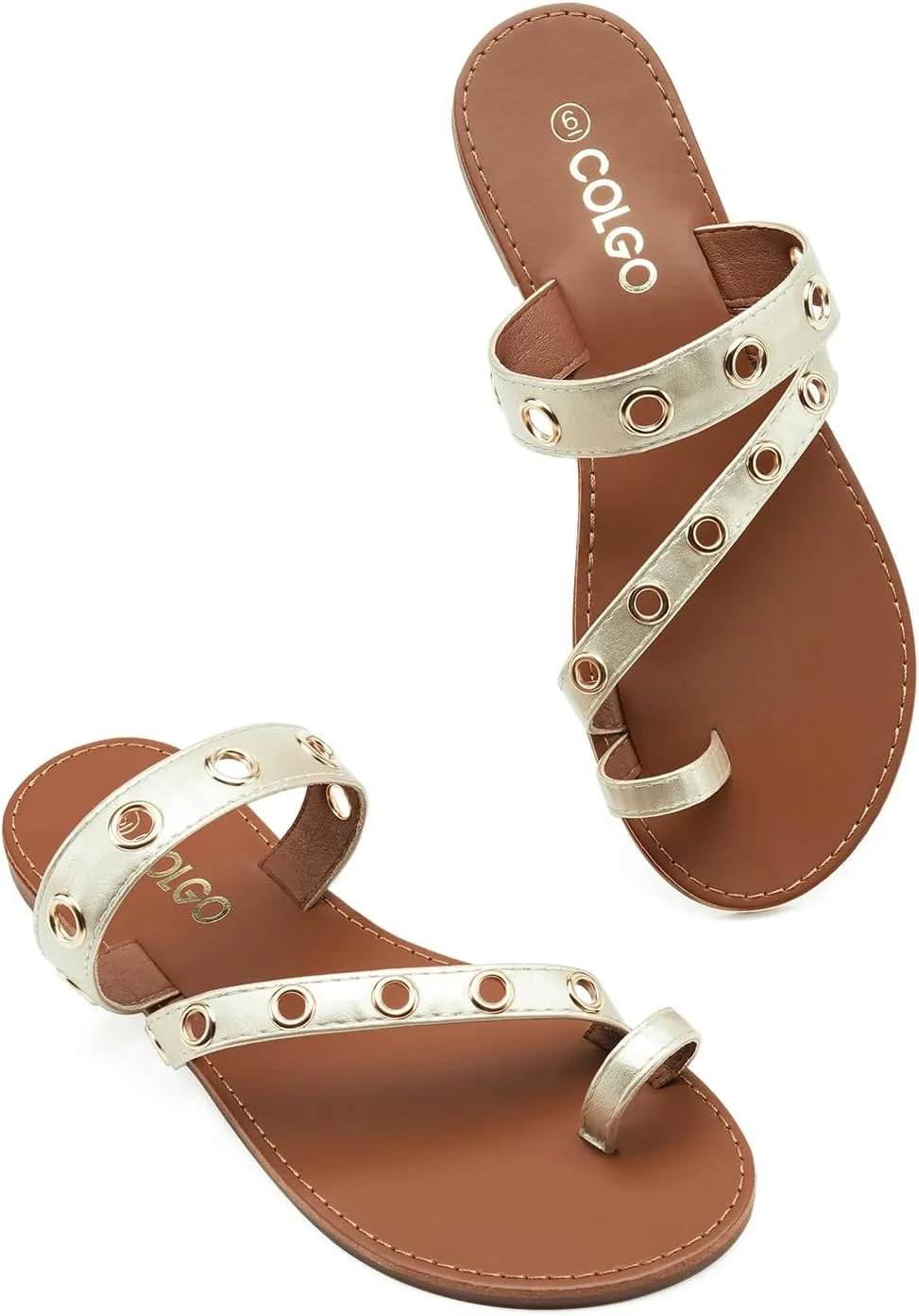 Colgo Women's Slide Sandals, Hollow Buckle Slip-On Flats, Casual Summer Dressy Sandals