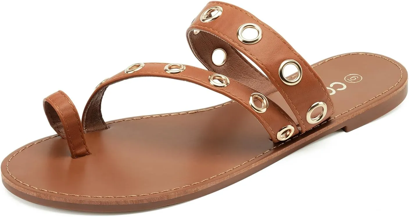 Colgo Women's Slide Sandals, Hollow Buckle Slip-On Flats, Casual Summer Dressy Sandals