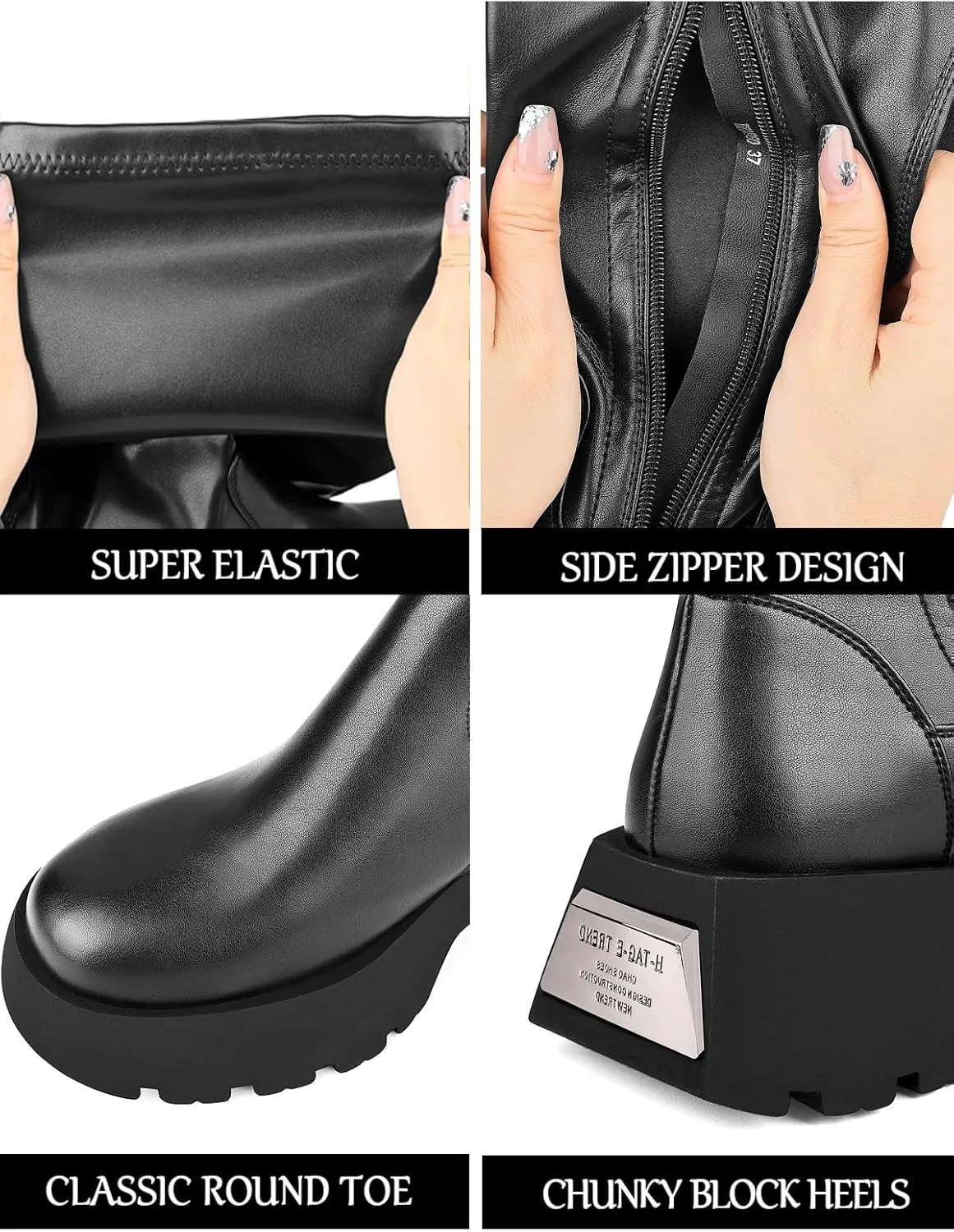 CouieCuies Women's Over the Knee Boots Black Thigh High Boots Platform Knee High Lug Sole Comfortable Stretch Mid Heel Zipper