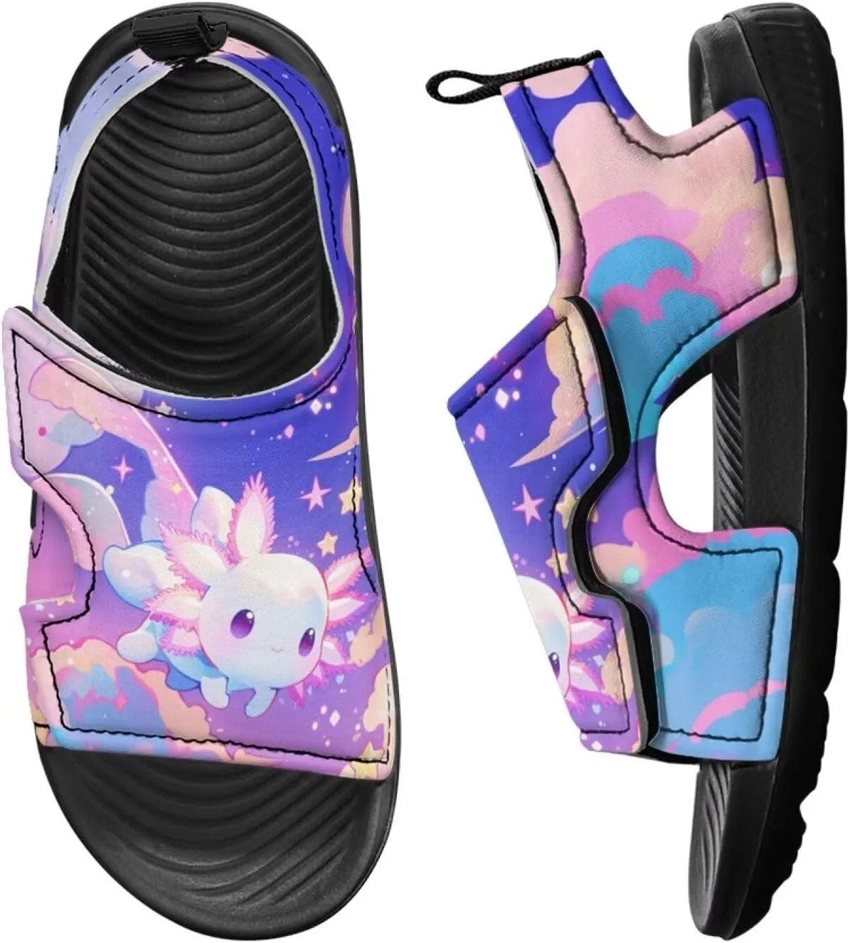 Cute Axolotl Kids Open Toe Slides Girls Boys Slip On Slide Sandals With Adjustable Strap Non-Slip Shower Shoes