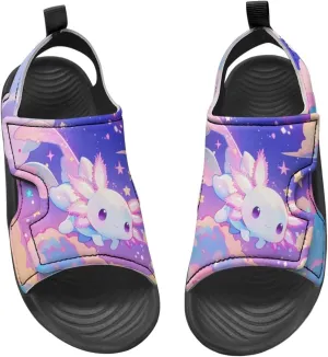 Cute Axolotl Kids Open Toe Slides Girls Boys Slip On Slide Sandals With Adjustable Strap Non-Slip Shower Shoes