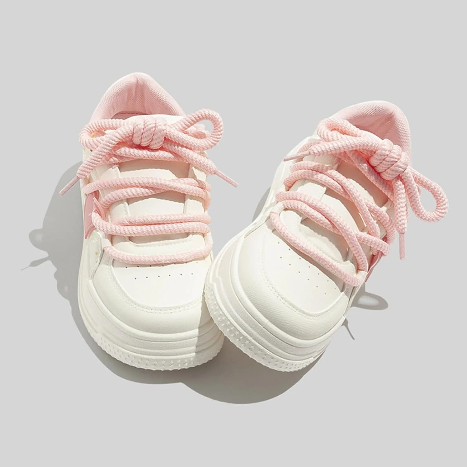 Cute Frog & Bow White Sneakers for Women Platforms Lace-up 2" Rubber Thick Sole Height Increase Cute Walking Shoes