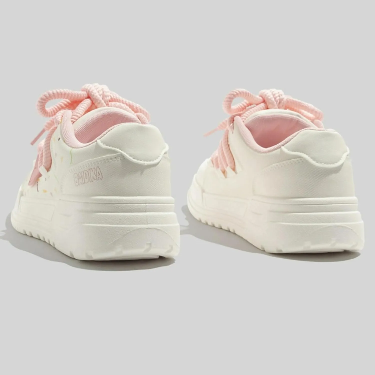 Cute Frog & Bow White Sneakers for Women Platforms Lace-up 2" Rubber Thick Sole Height Increase Cute Walking Shoes