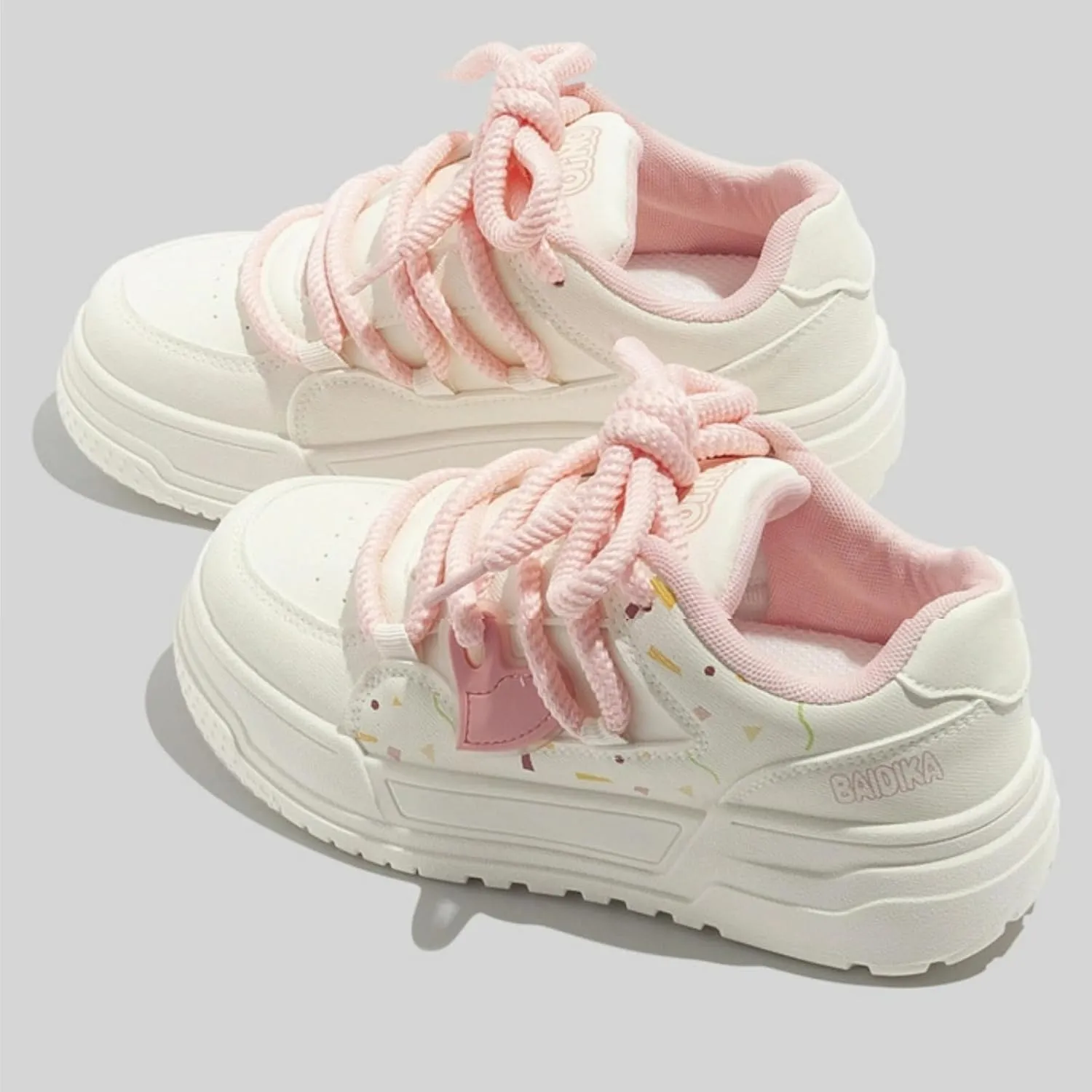 Cute Frog & Bow White Sneakers for Women Platforms Lace-up 2" Rubber Thick Sole Height Increase Cute Walking Shoes