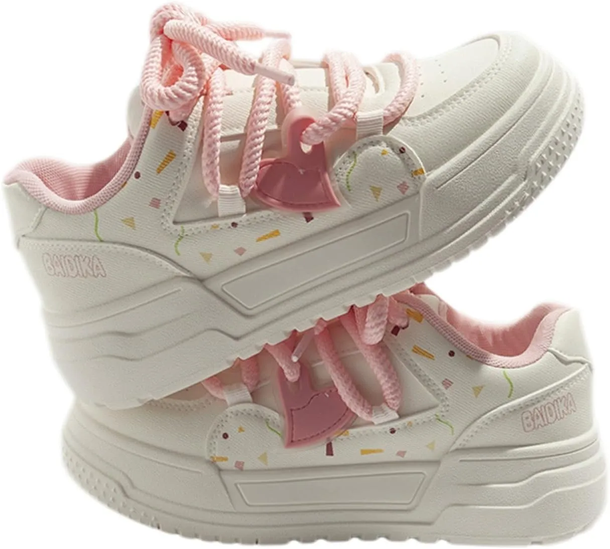 Cute Frog & Bow White Sneakers for Women Platforms Lace-up 2" Rubber Thick Sole Height Increase Cute Walking Shoes