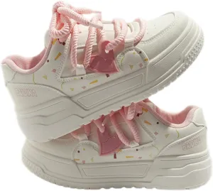 Cute Frog & Bow White Sneakers for Women Platforms Lace-up 2" Rubber Thick Sole Height Increase Cute Walking Shoes