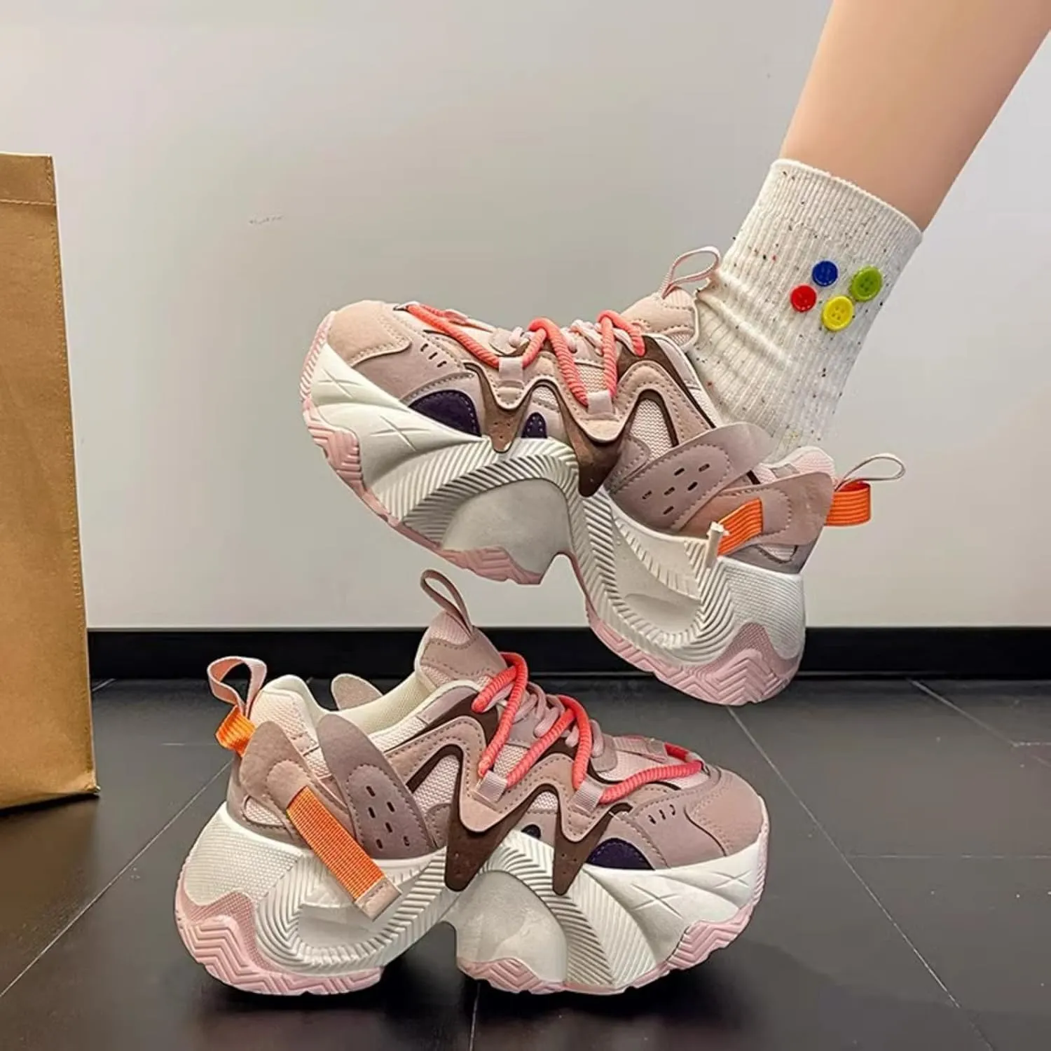 Cute Sneakers for Women Retro Thick Sole Dad Shoes Lace-Up Height Increase Walking Cute Shoes