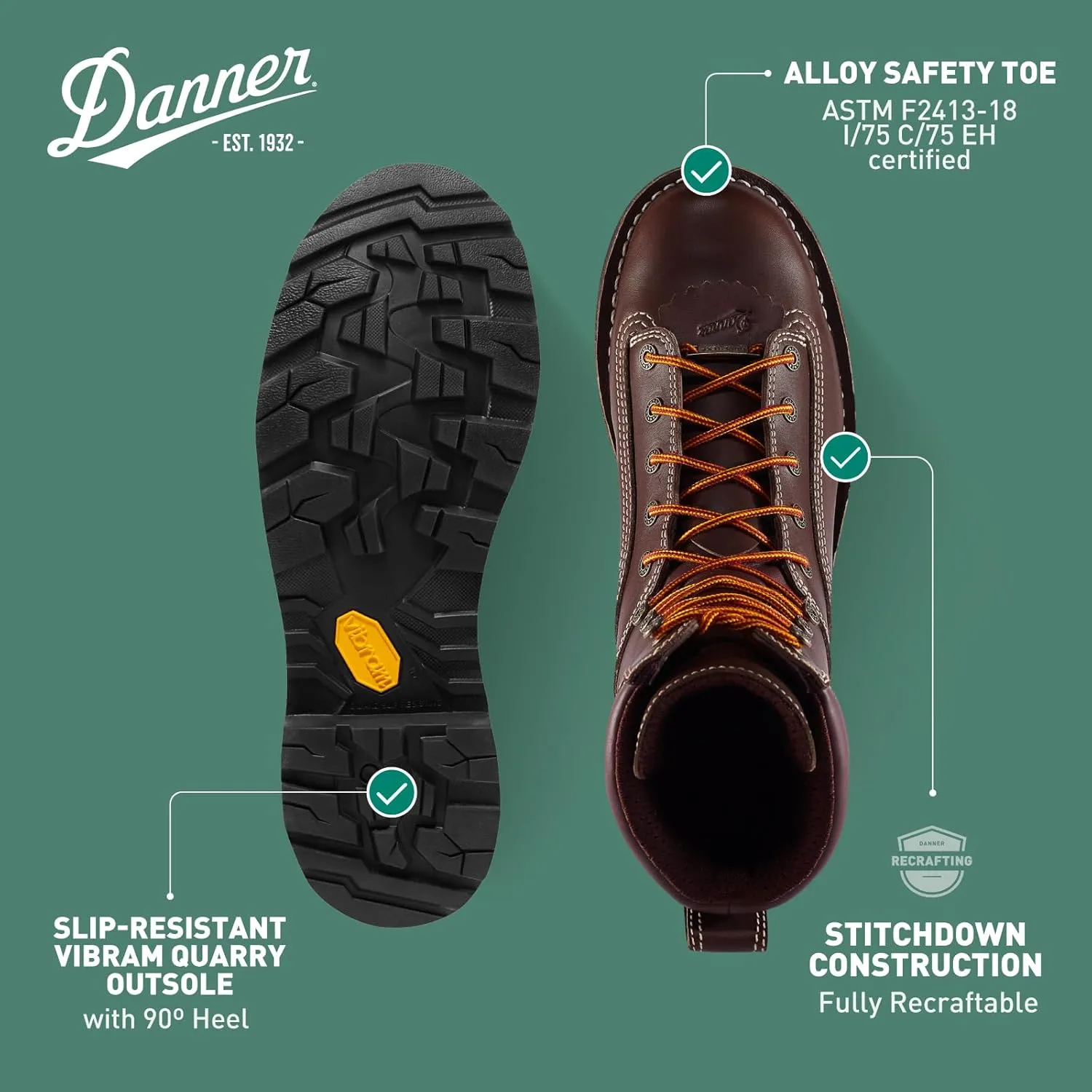 Danner 8” Quarry USA Waterproof Alloy Safety Toe Work Boots for Men - Full-Grain Leather with Gore-Tex Lining and Traction Heel Outsole, EH Resistant