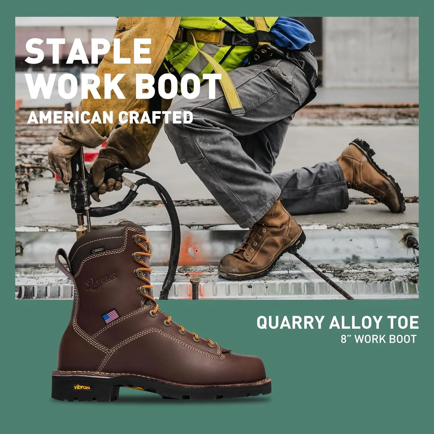 Danner 8” Quarry USA Waterproof Alloy Safety Toe Work Boots for Men - Full-Grain Leather with Gore-Tex Lining and Traction Heel Outsole, EH Resistant