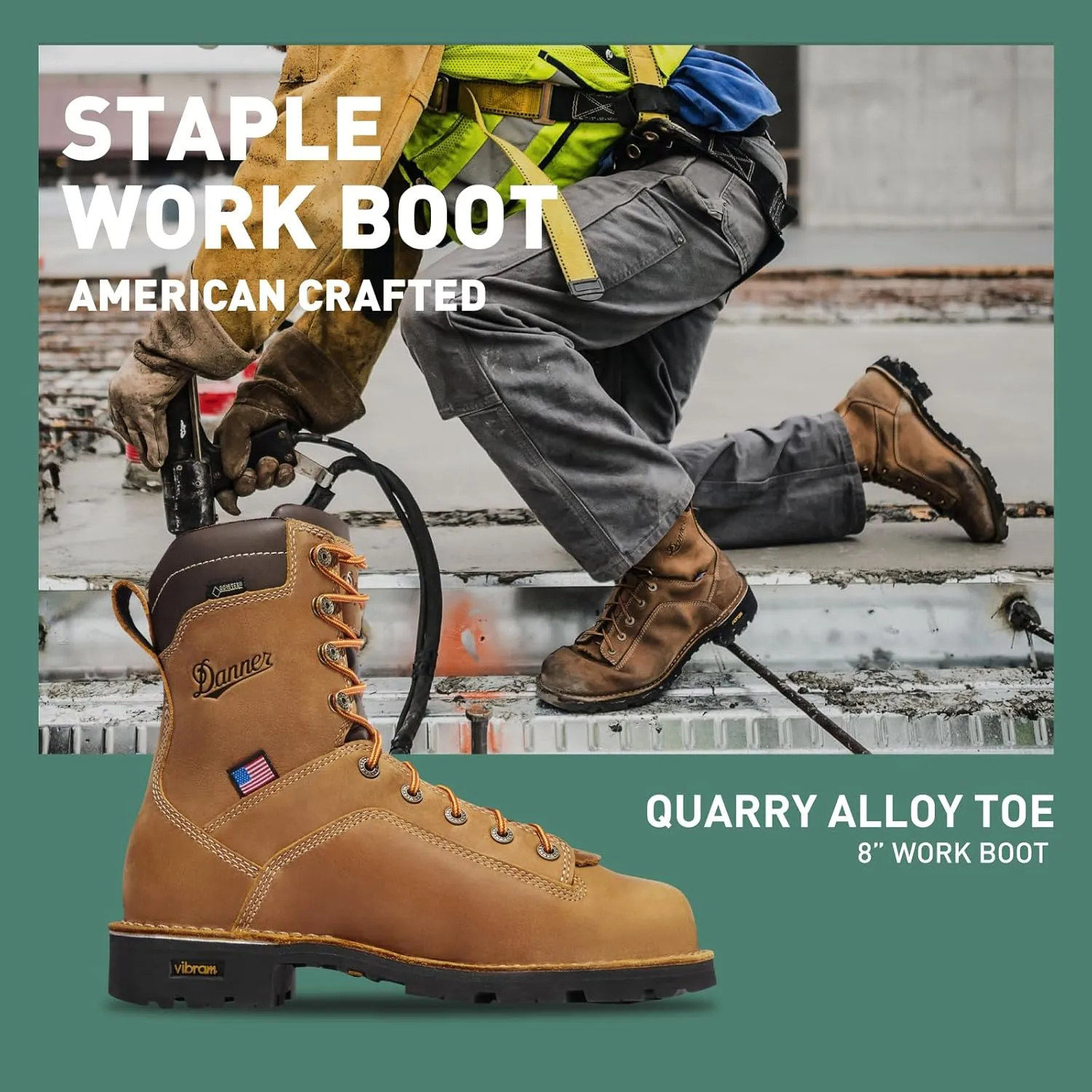 Danner 8” Quarry USA Waterproof Alloy Safety Toe Work Boots for Men - Full-Grain Leather with Gore-Tex Lining and Traction Heel Outsole, EH Resistant