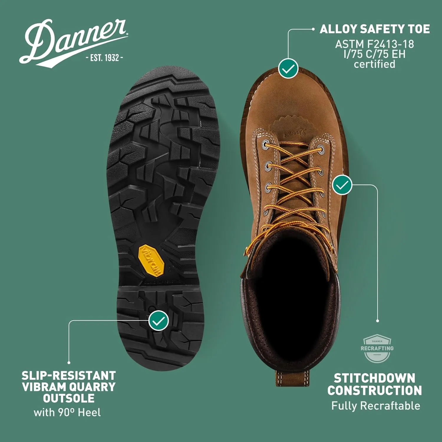 Danner 8” Quarry USA Waterproof Alloy Safety Toe Work Boots for Men - Full-Grain Leather with Gore-Tex Lining and Traction Heel Outsole, EH Resistant